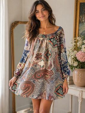 Umgee Boho Paisley Peasant Dress Small Off Shoulder Tunic Mini Boutique Chic SM